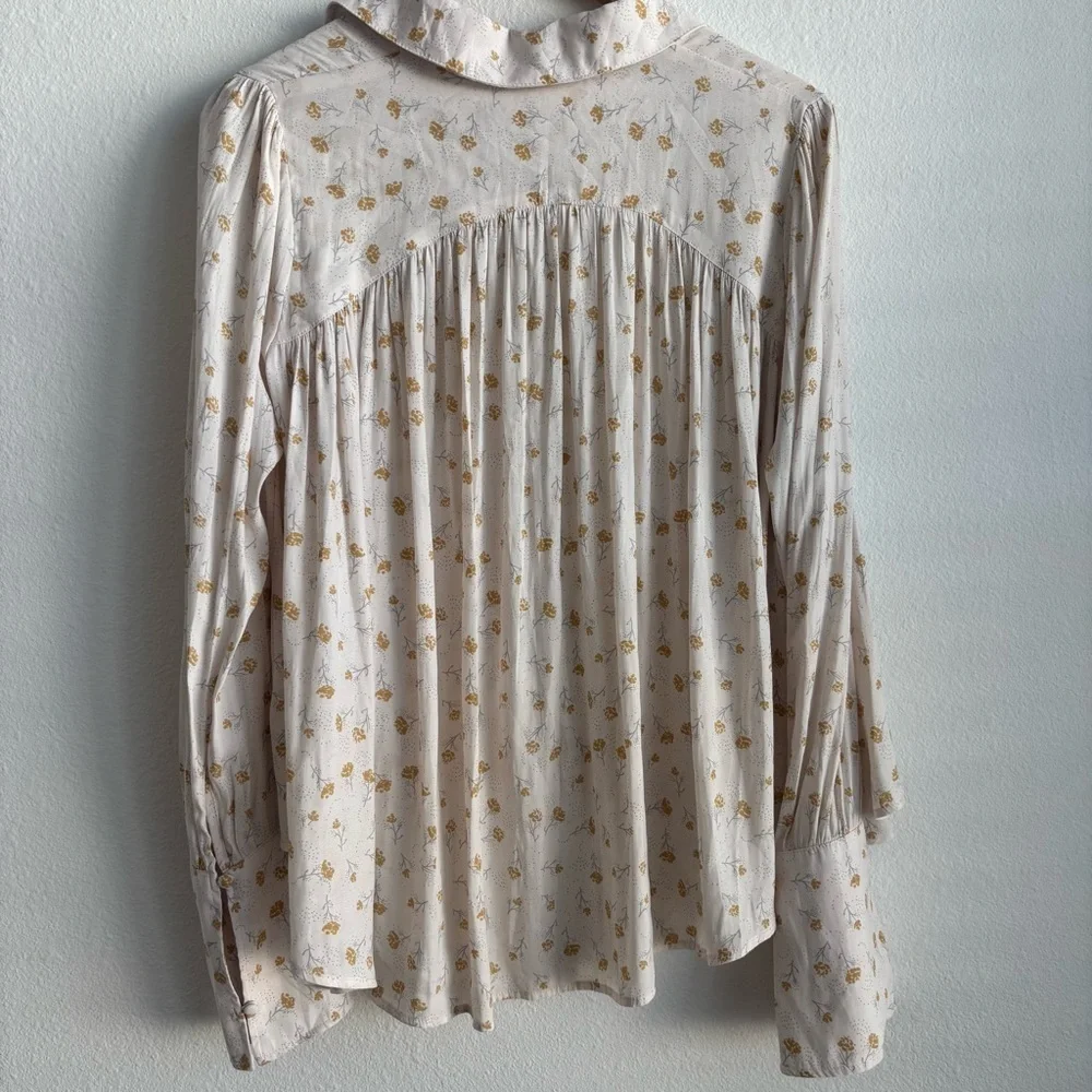 Free People Modern Muse White and Yellow Floral Button Down Blouse High Low Top